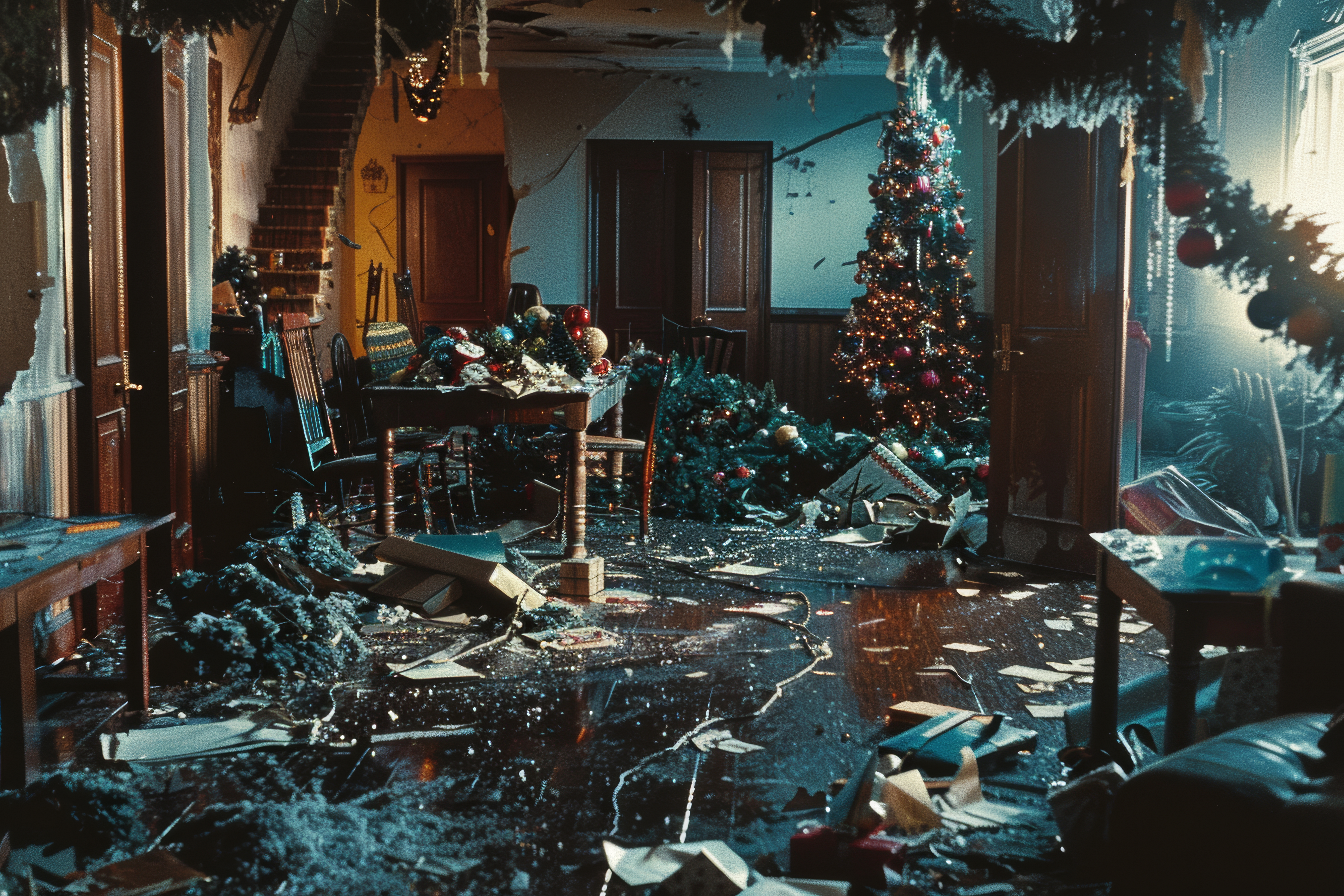 Salle à manger en désordre avec plein de détritut