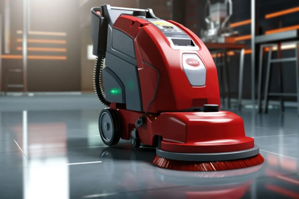 Machine de couleur rouge qui nettoie un sol gris