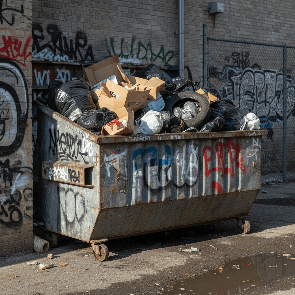 Benne en fer gris remplit de déchets ménager