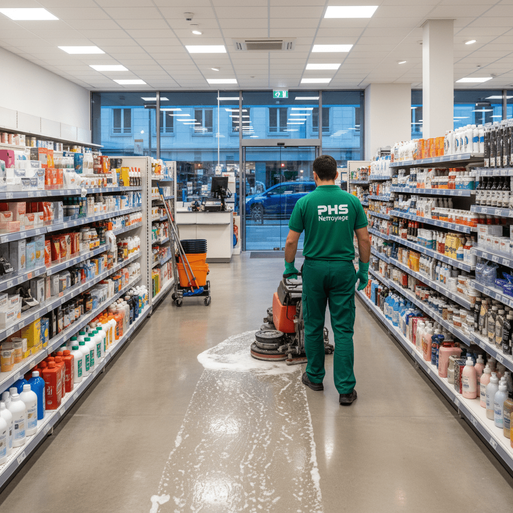Homme qui nettoie le sol d'un hypermarche avec une autolaveuse