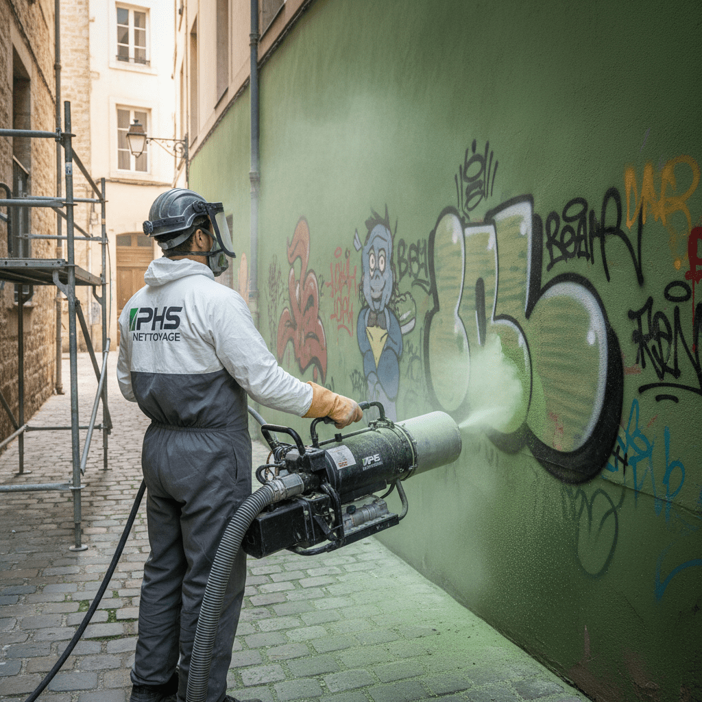 Technicien de surface qui efface des tags avec un appareil sur un mur