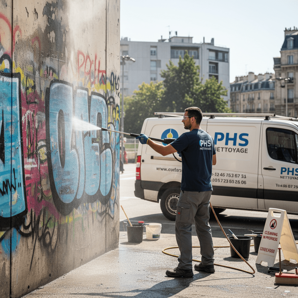 Un homme de nettoyage qui passe le karcher sur un mur remplit de graffitis