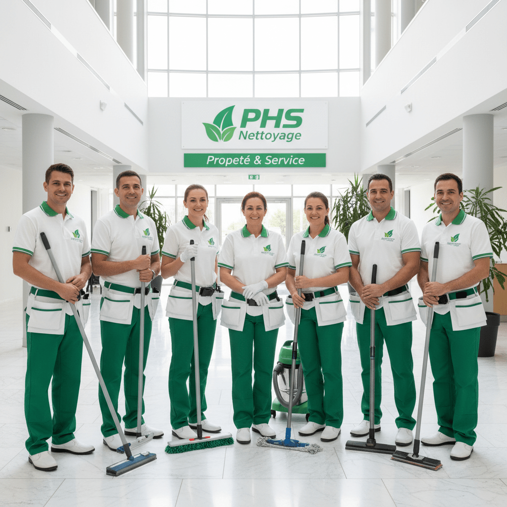Equipe de nettoyage composée de 2 femmes et 5 homme qui pose avec le sourire