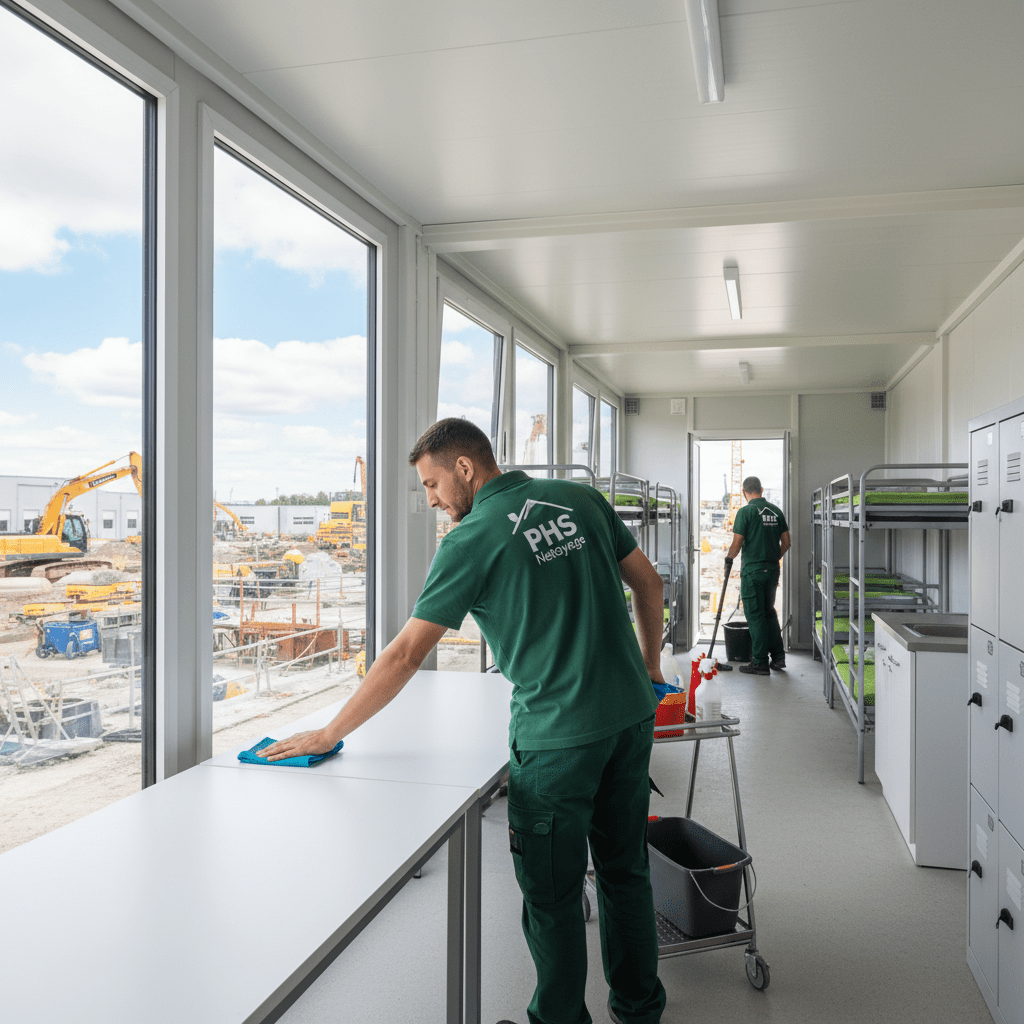 Agent d'entretien habillé en vert qui nettoie l'intérieur d'une base de vie sur un chantier