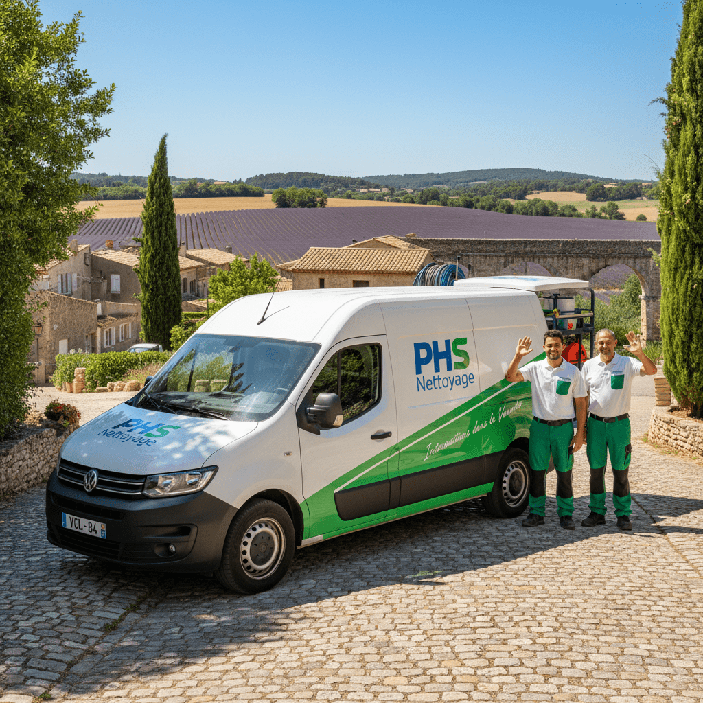 Deux hommes de nettoyage debout et souriant devant leur voiture de fonction
