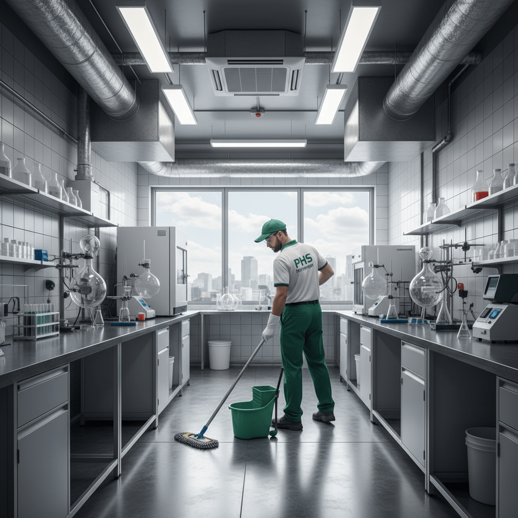 Homme qui nettoie les sols d'un laboratoire médical