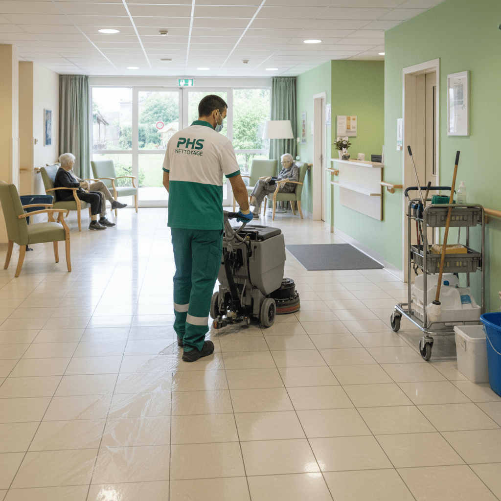 Homme avec un chariot qui nettoie un EHPAD