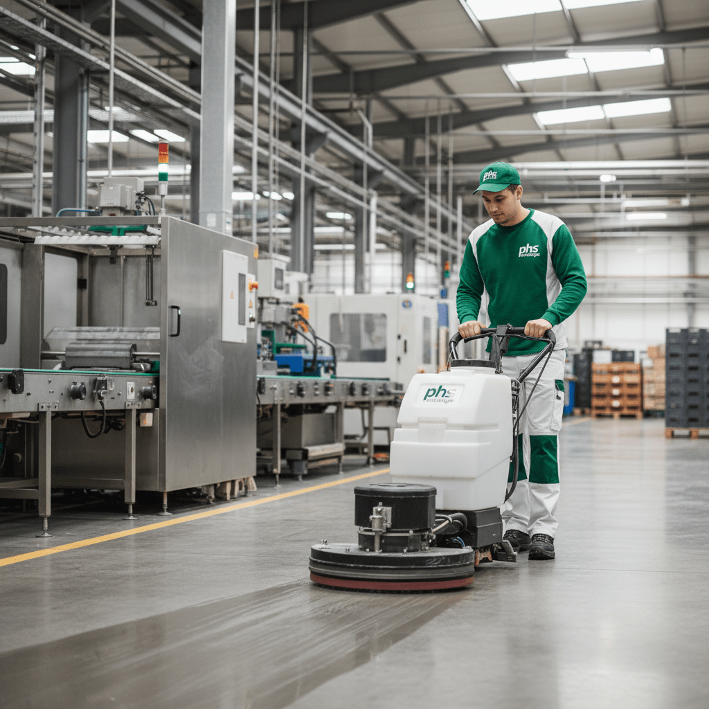 Agent d'entretien qui nettoie le sol d'une usine avec une machine laveuse