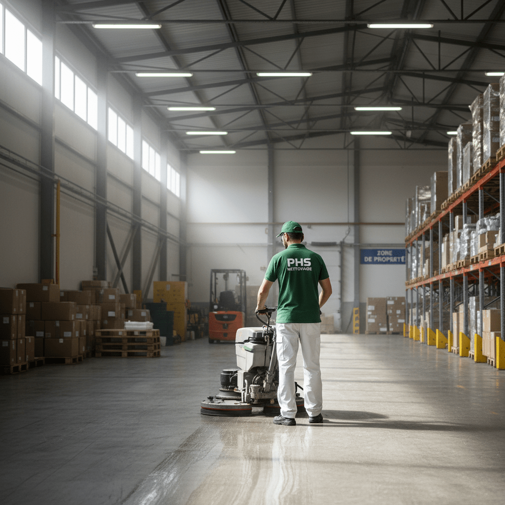 Homme de nettoyage qui passe une machine pour nettoyer les sols d'un entrepôt