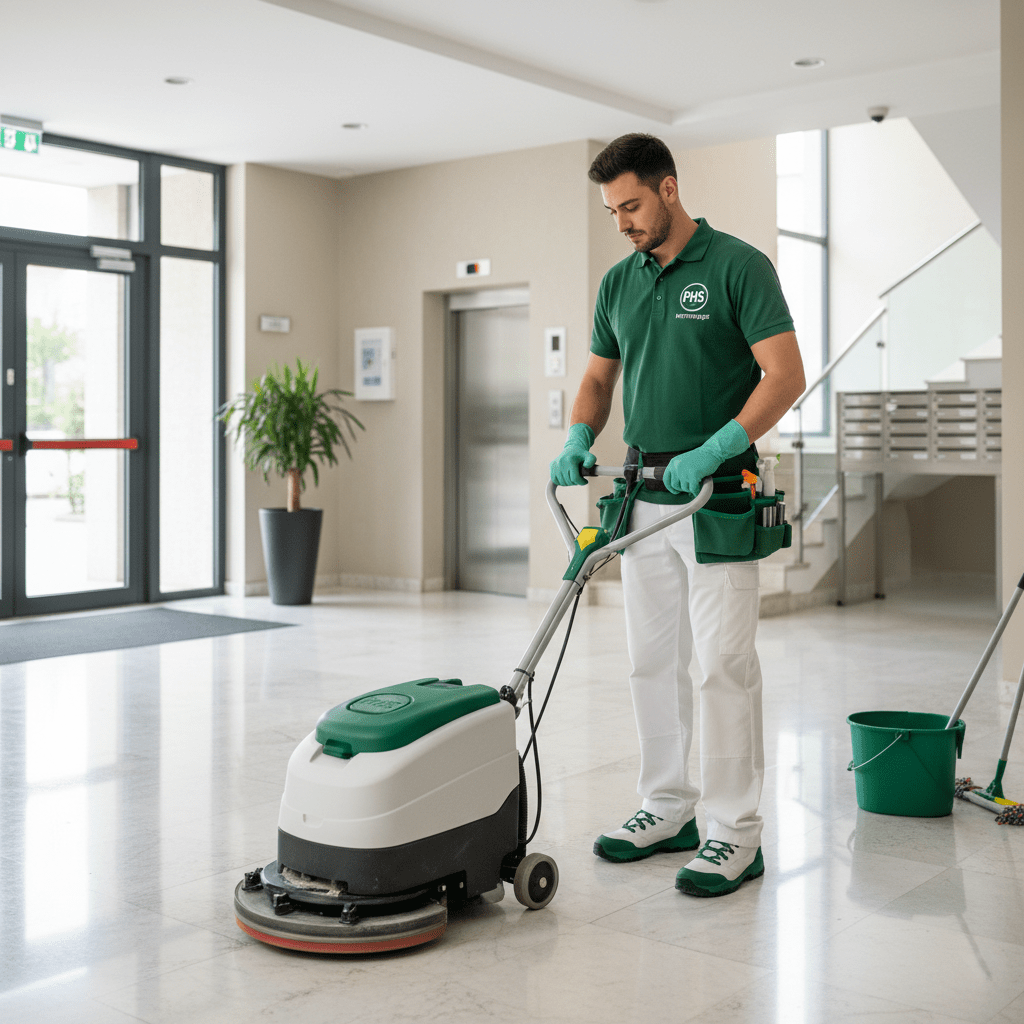 Homme nettoie un sol de hall d'immeuble avec une machine 