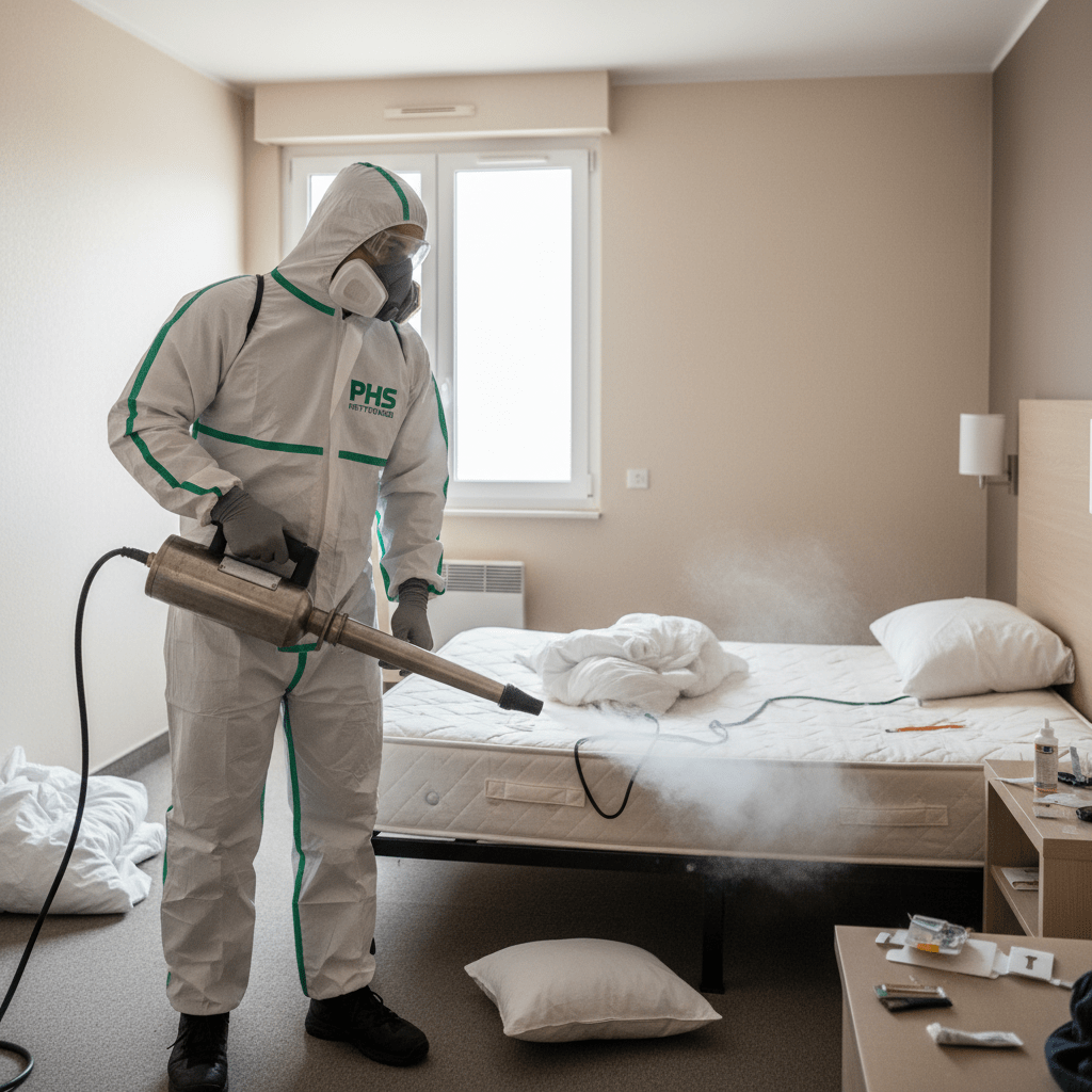 Homme en combinaison blanche qui envoi du produit avec un pulvérisateur