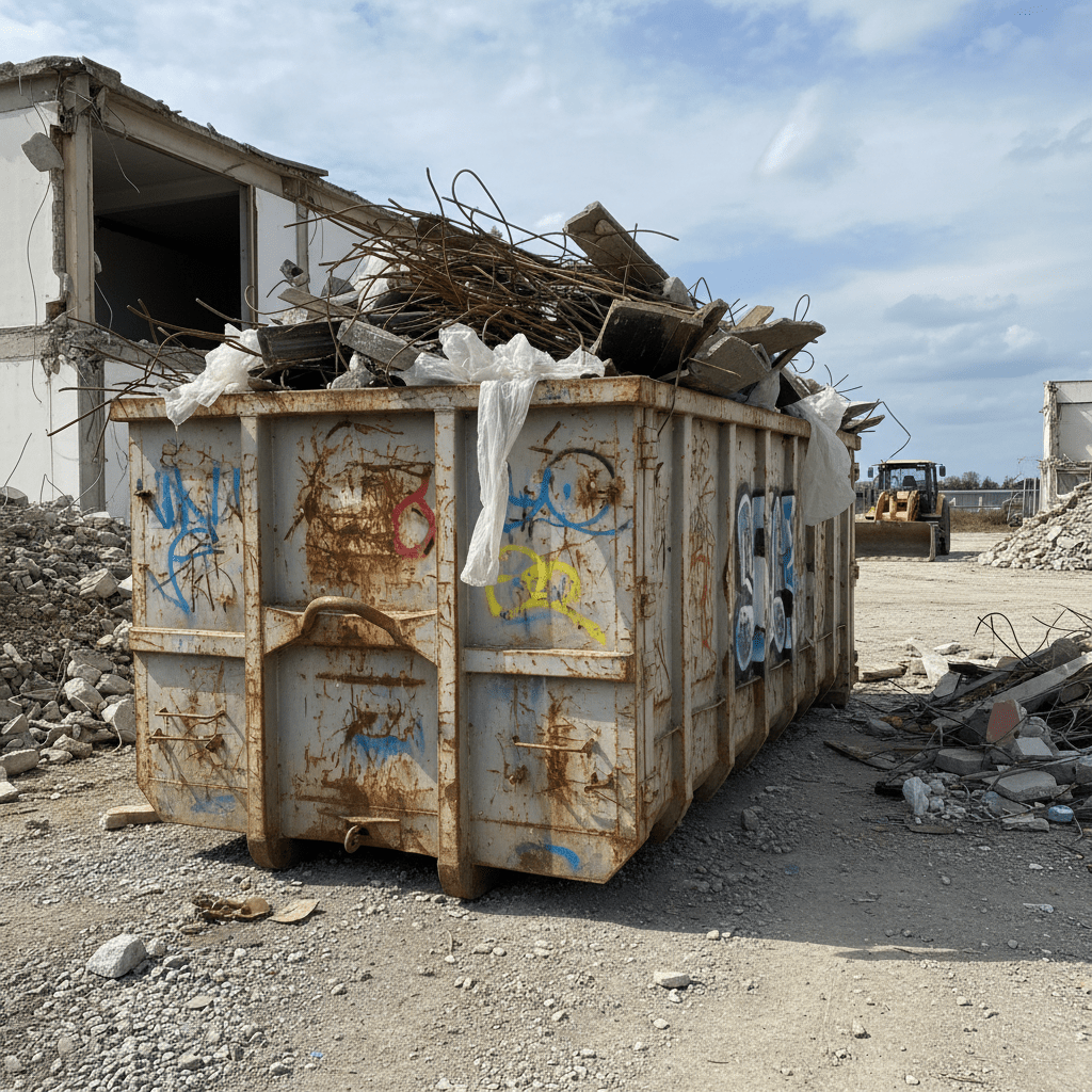 Benne sale avec des déchet à l'intérieur