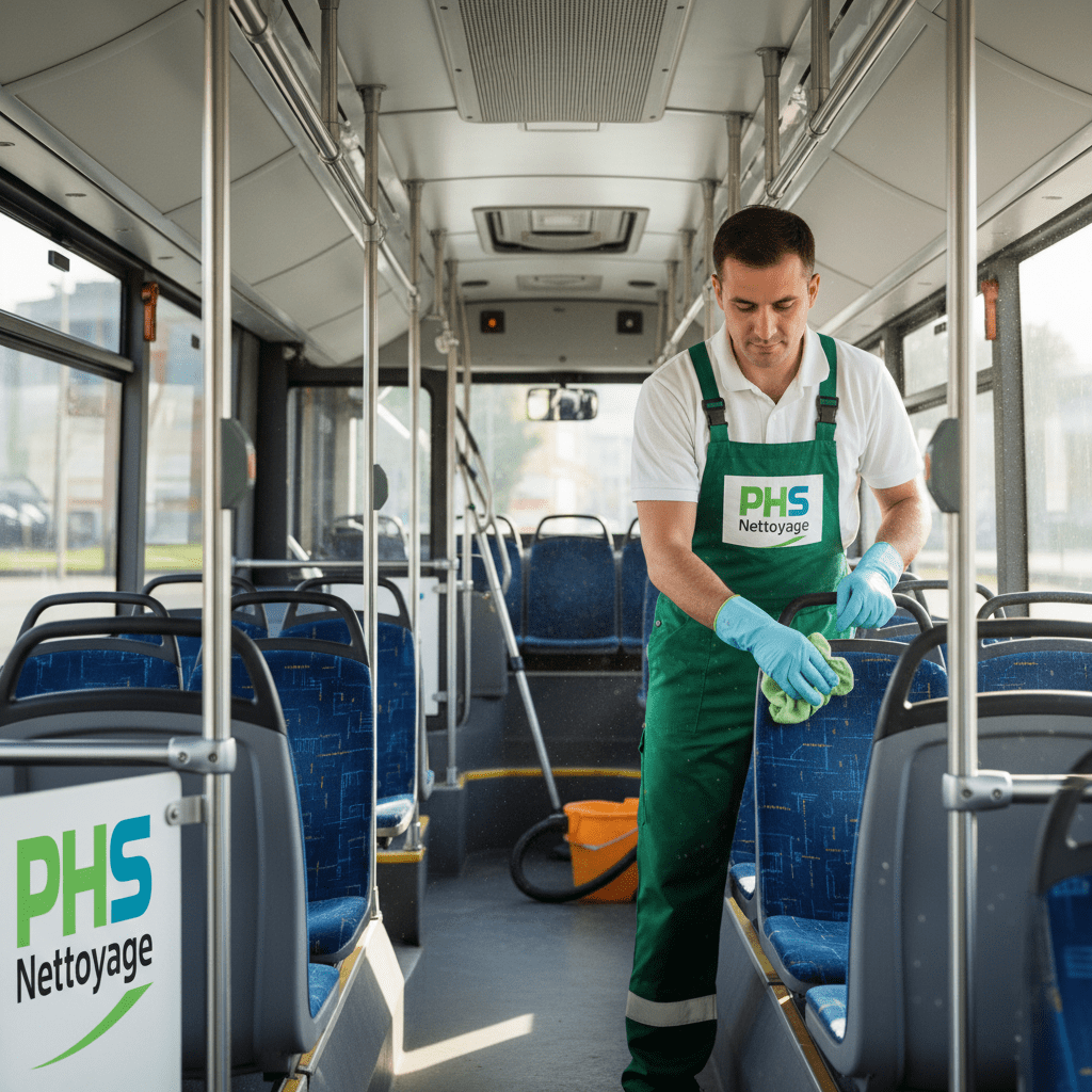 Homme qui nettoie l'intérieur d'un bus 