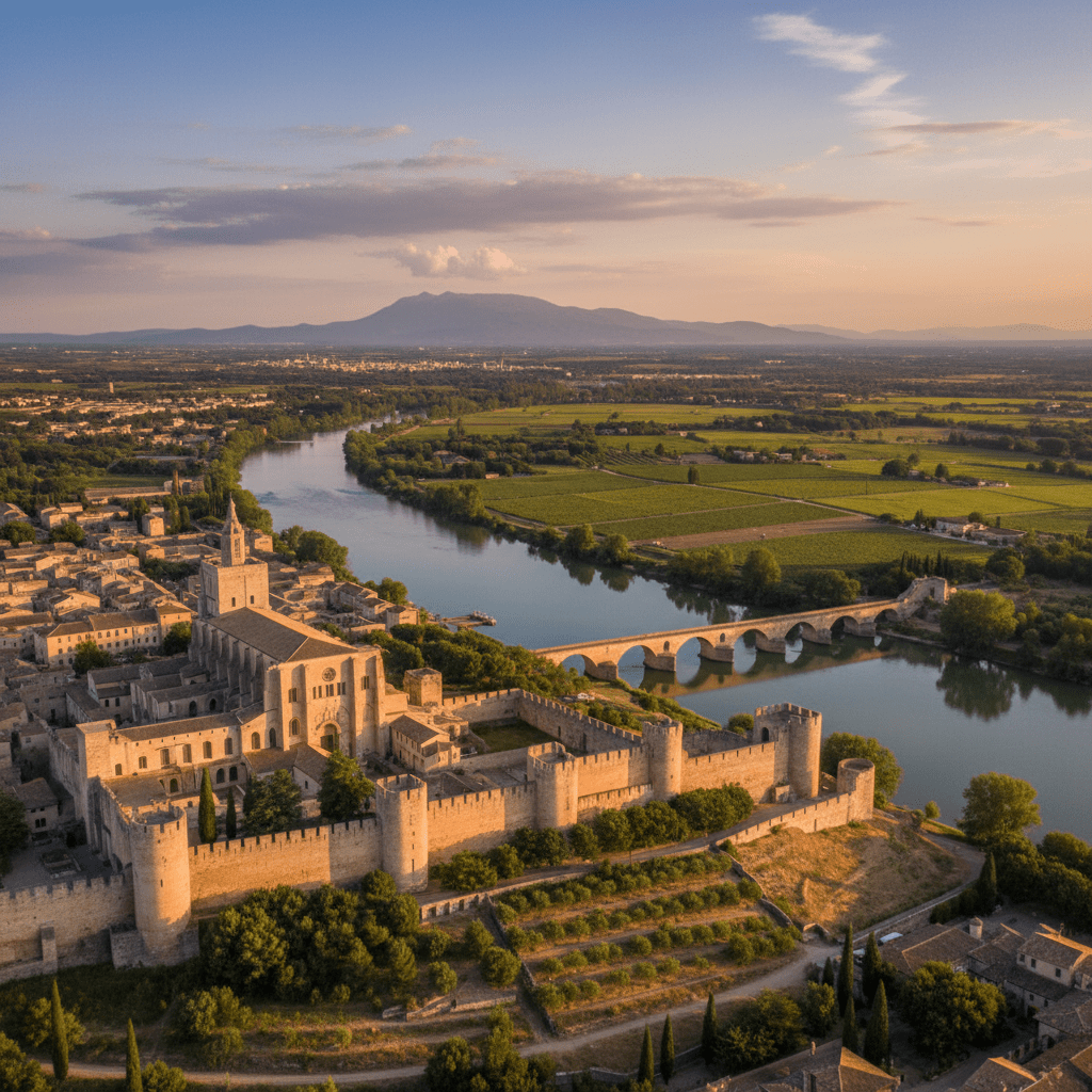 Vue aérienne de la ville d'Avignon avec le palais des papes