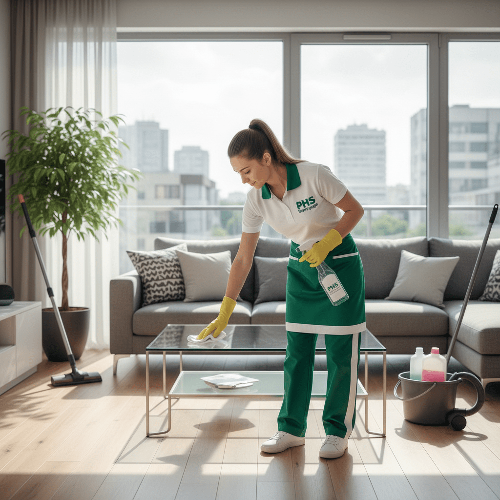 Femme de ménage qui nettoie l'intérieur d'un appartement