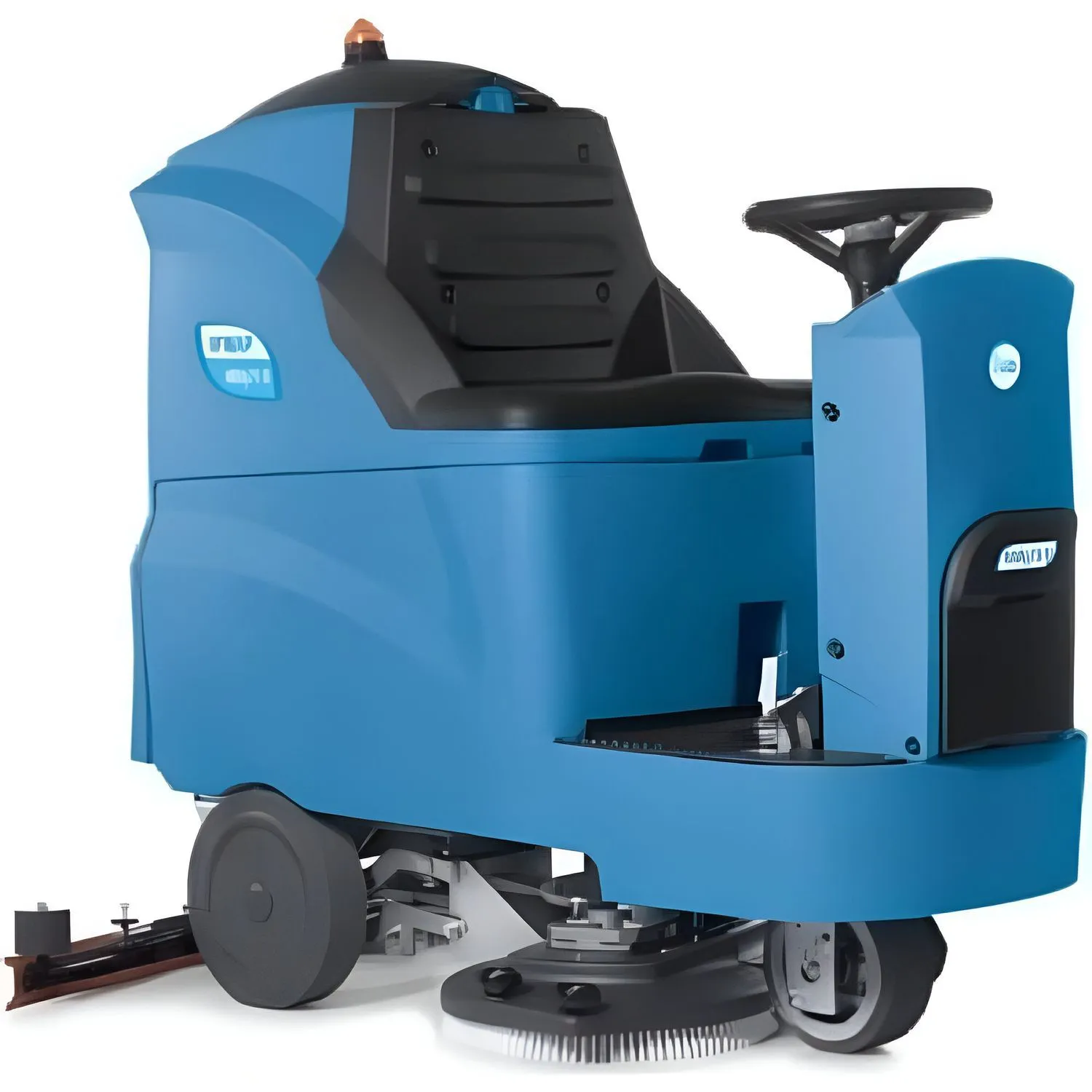 Autolaveuse autoportée bleu et noir avec gyrophare