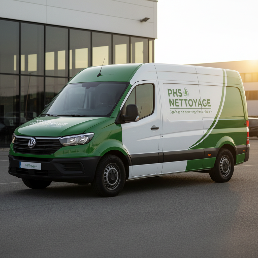 Camion de nettoyage PHS avec un design vert et blanc.