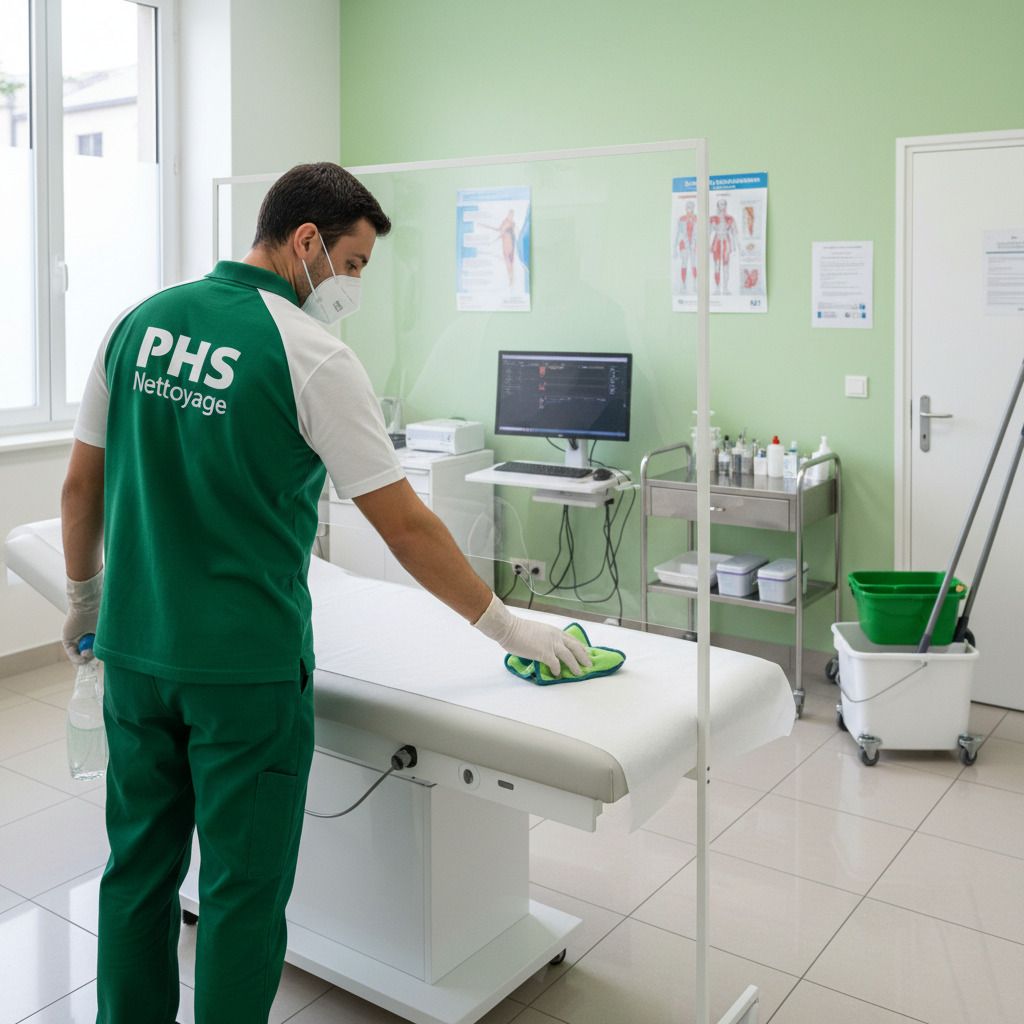 Homme avec un masque nettoie un cabinet médical