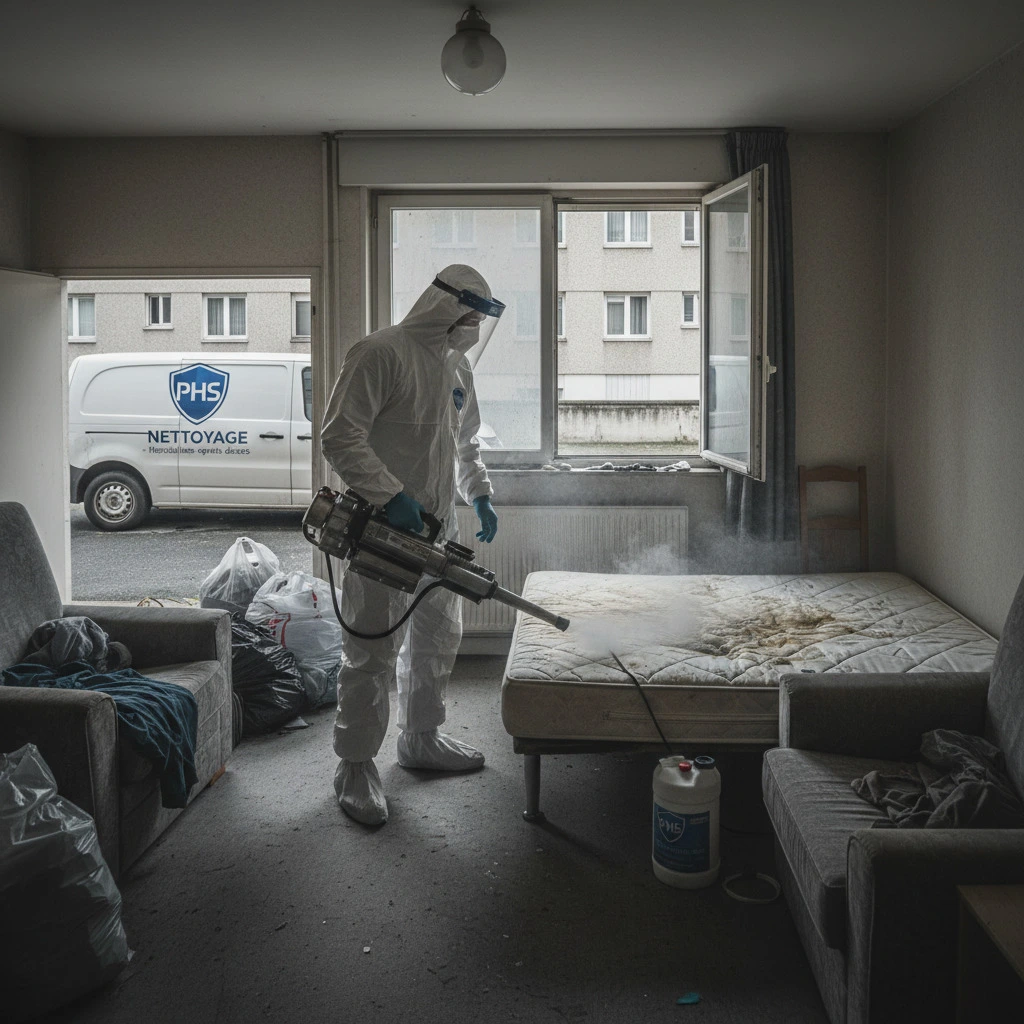 Homme en combinaison blanche qui désinfecte un matelas avec des tâches de sang