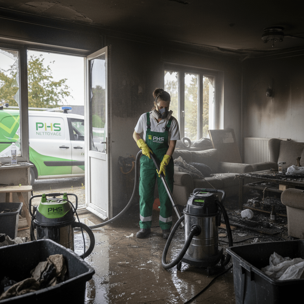 Homme qui nettoie les sols d'une maison suite à une innondation