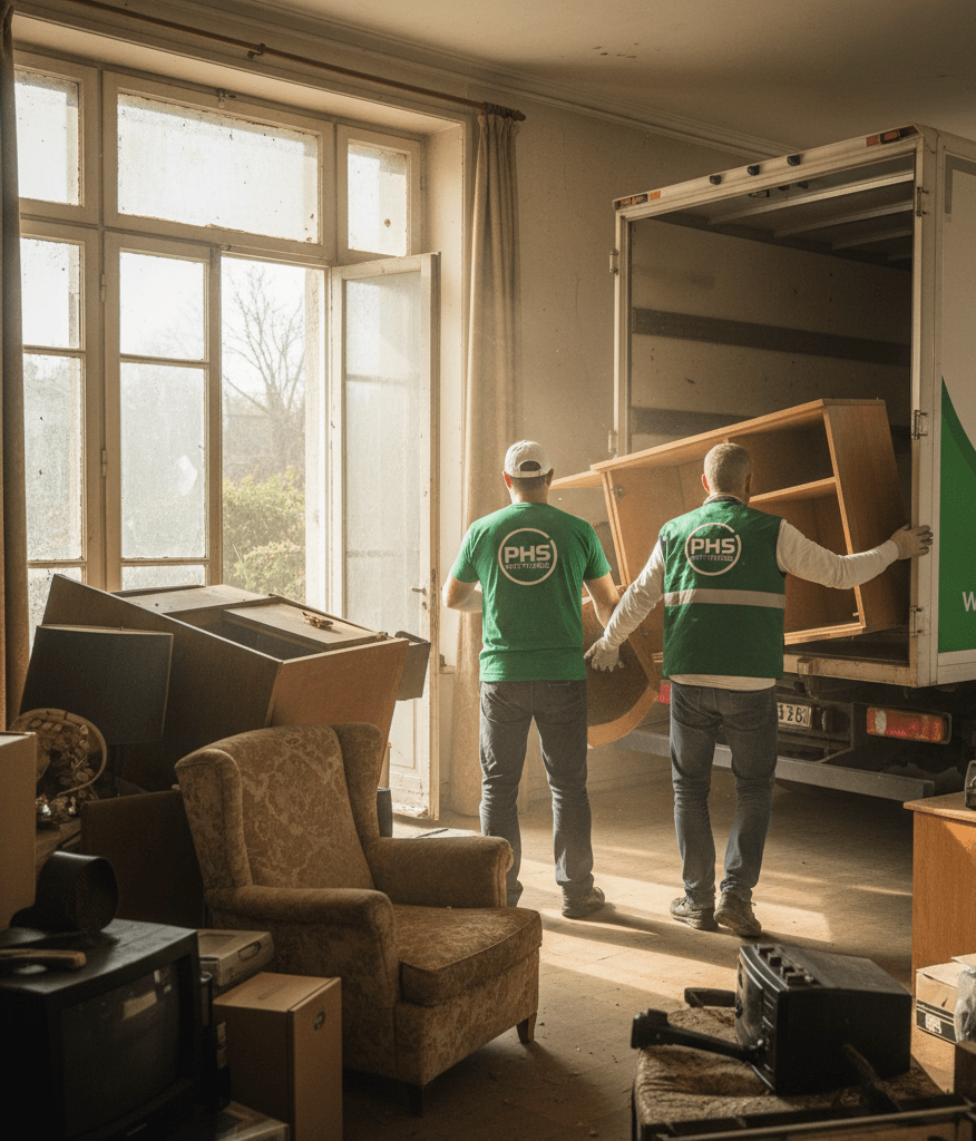 2 agent de propreté débarrase des encombrants dans une maison