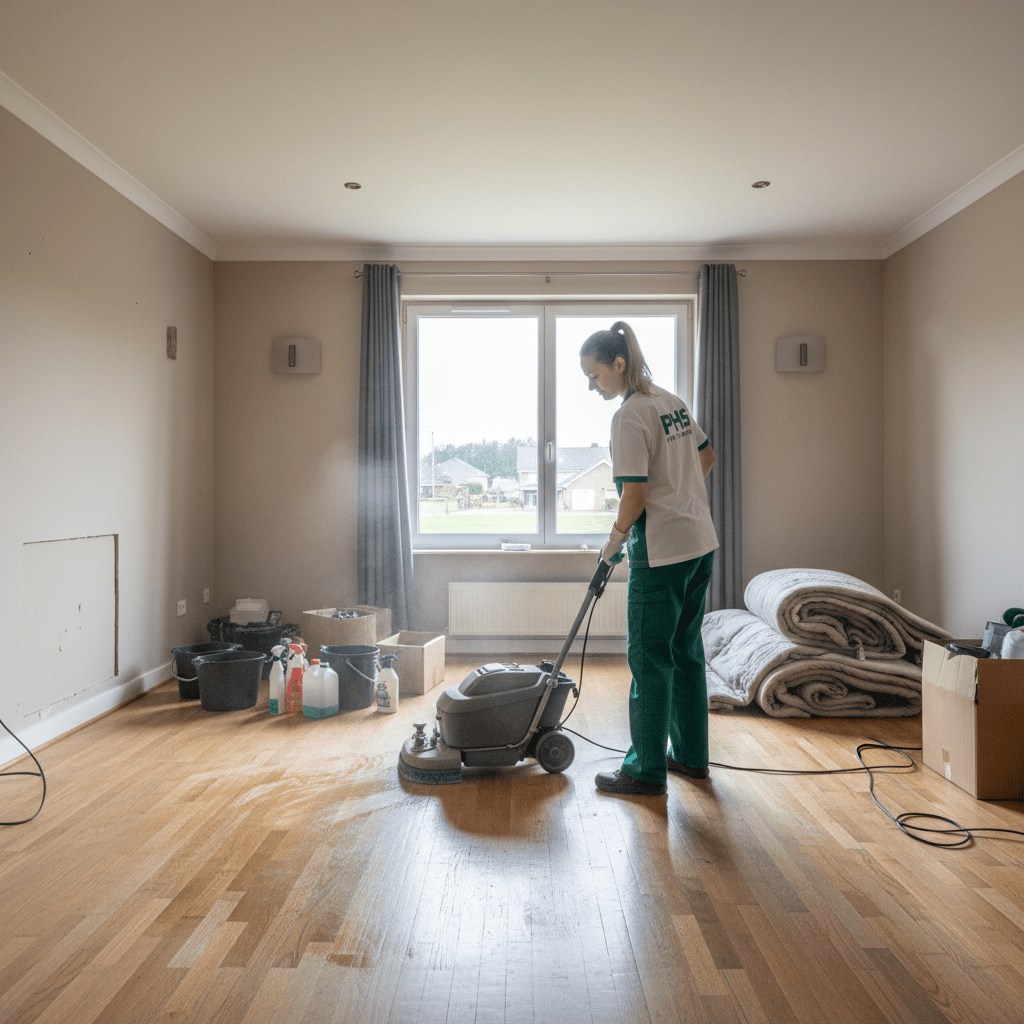 Femme de ménage qui nettoie une maison après déménagement