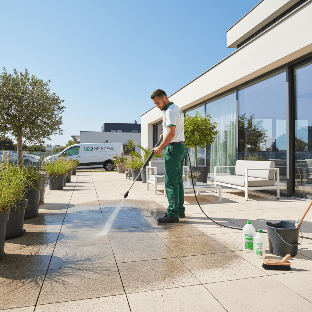 Homme qui nettoie une terrasses au karcher