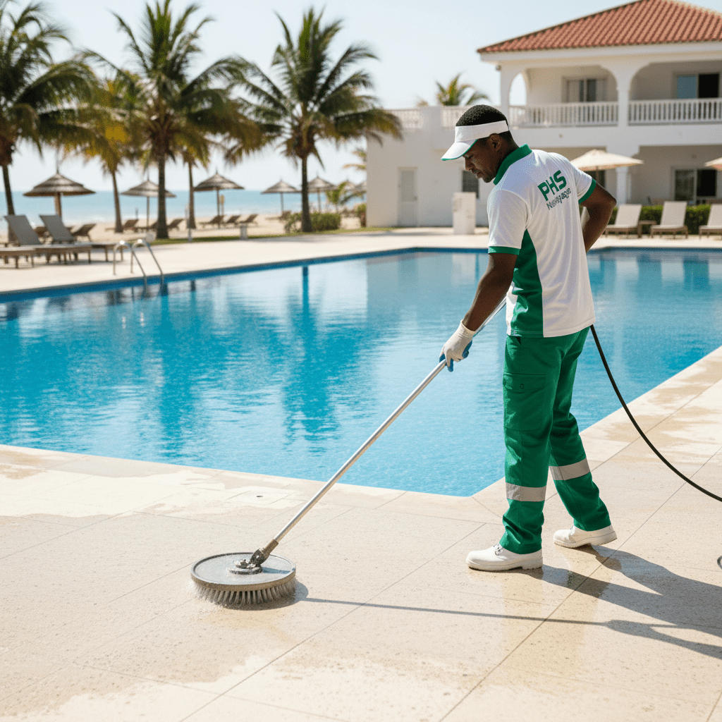 agent de la societe phs nettoyage (vert et blanc)  qui nettoie une plage de piscine