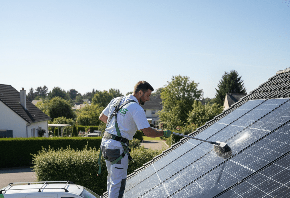 Homme sur un toit de maison qui nettoie des panneaux solaires