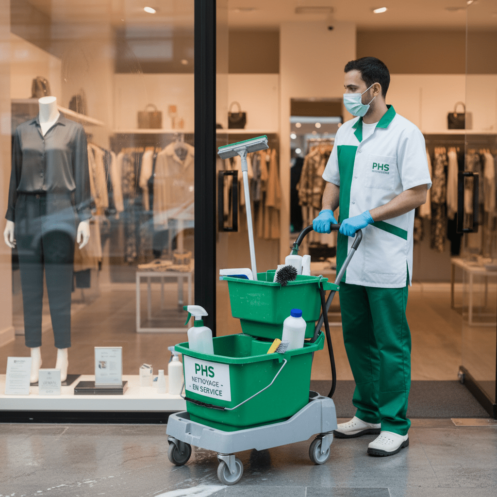 agent de la société phs nettoyage (vert et blanc)qui nettoie une boutique