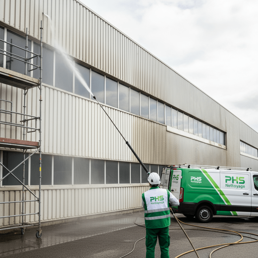 Homme professionnel nettoie un bardage extérieur d'une usine
