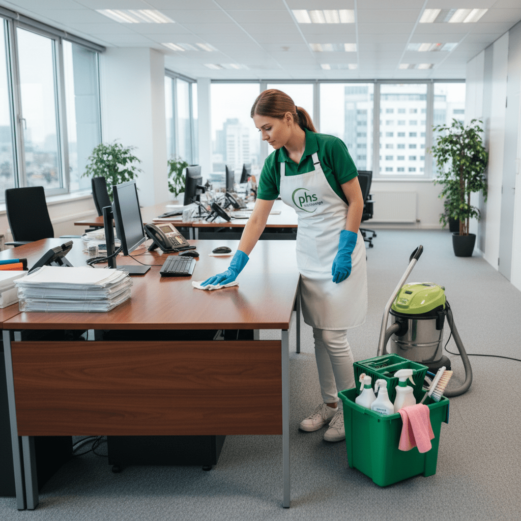 Nettoyage d'un bureaux par une femme de ménagede la société phs nettoyage(vert et blanc)