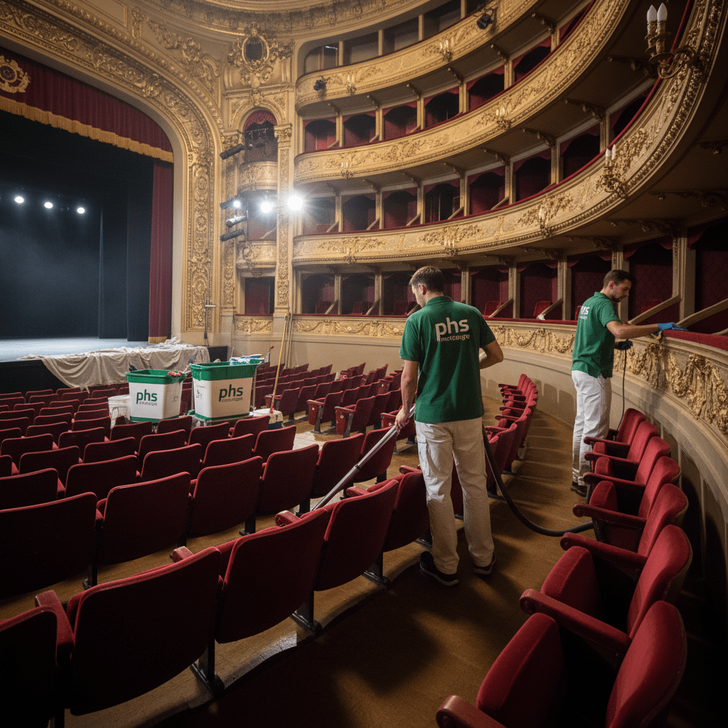 2 agent d'entretien qui nettoie les gradin d'un théâtre