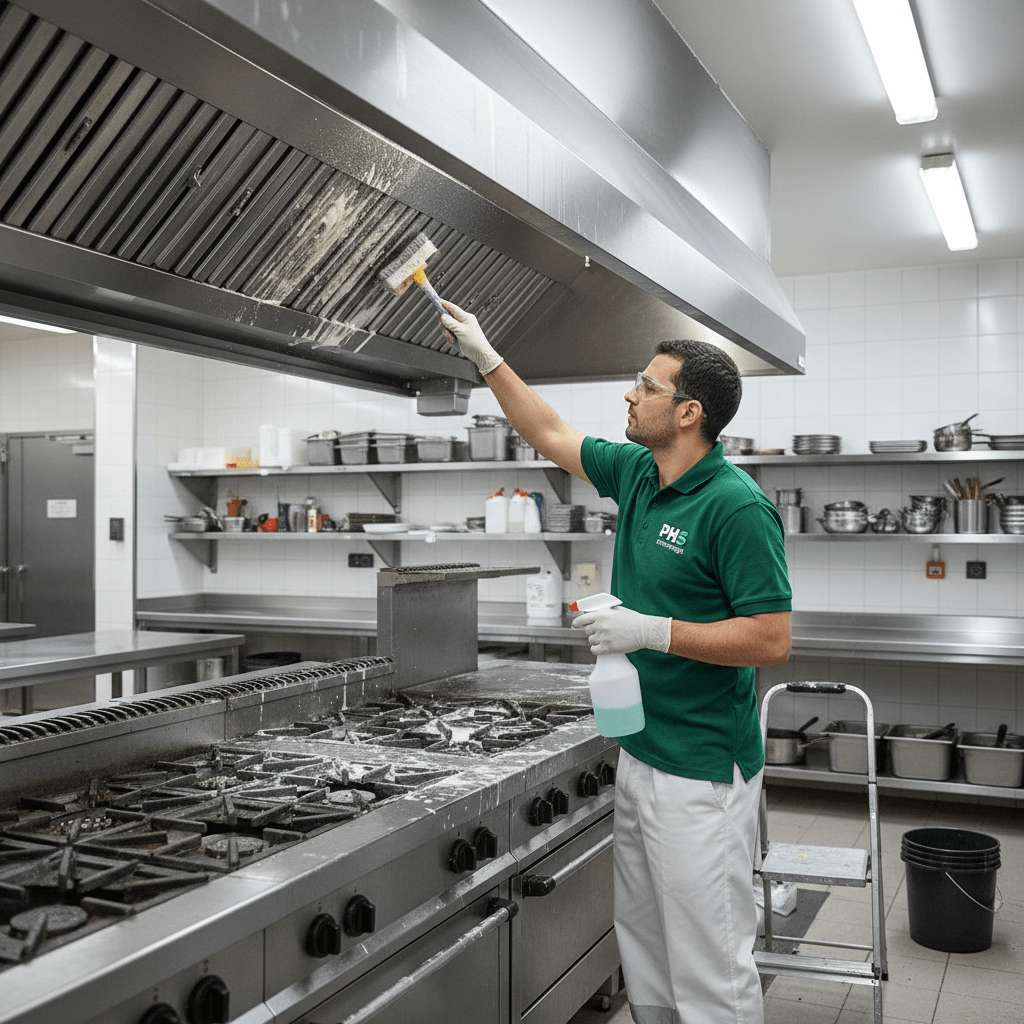 Homme d'entretien qui nettoie une hotte d'un restaurant