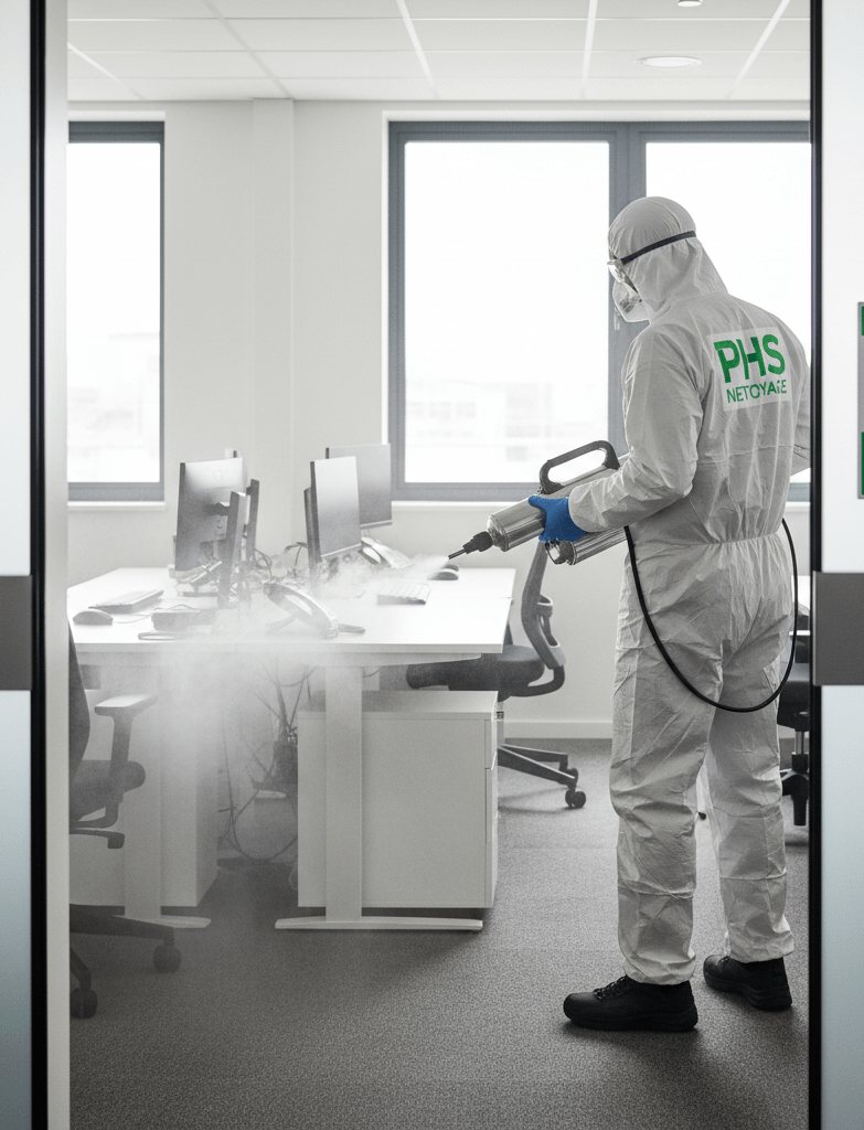 Agent qui désinfecte un local avec un pulvérisateur