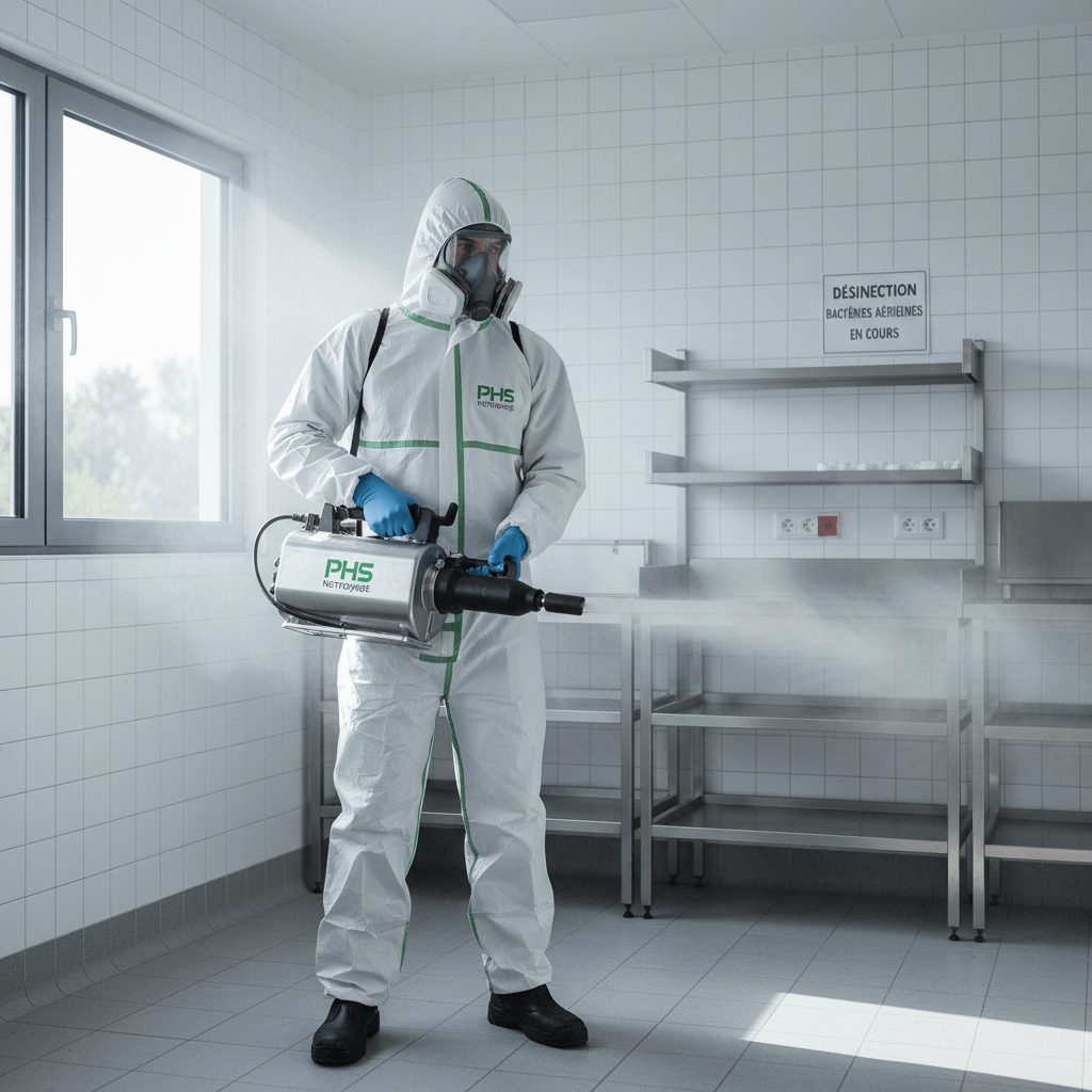 Agent qui désinfecte à Avignon dans un local professionnel