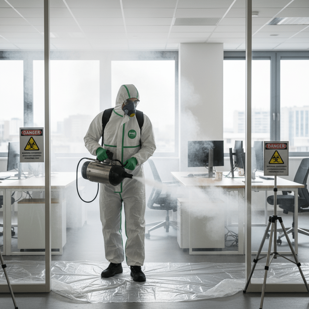 Homme qui désinfecte un bureau avec une combinaison et un pulvérisateur