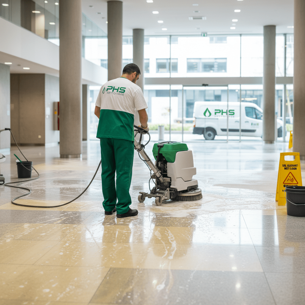 Nettoyage de marbre par agent d'entretien de la société phs nettoyage (vert et blanc)