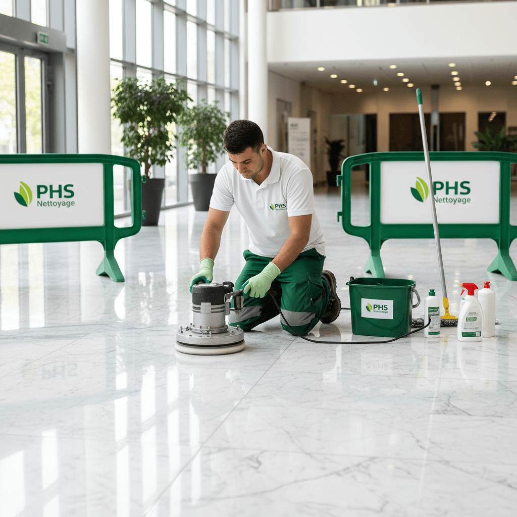 Nettoyage de marbre par agent d'entretien de la société phs nettoyage (vert et blanc)