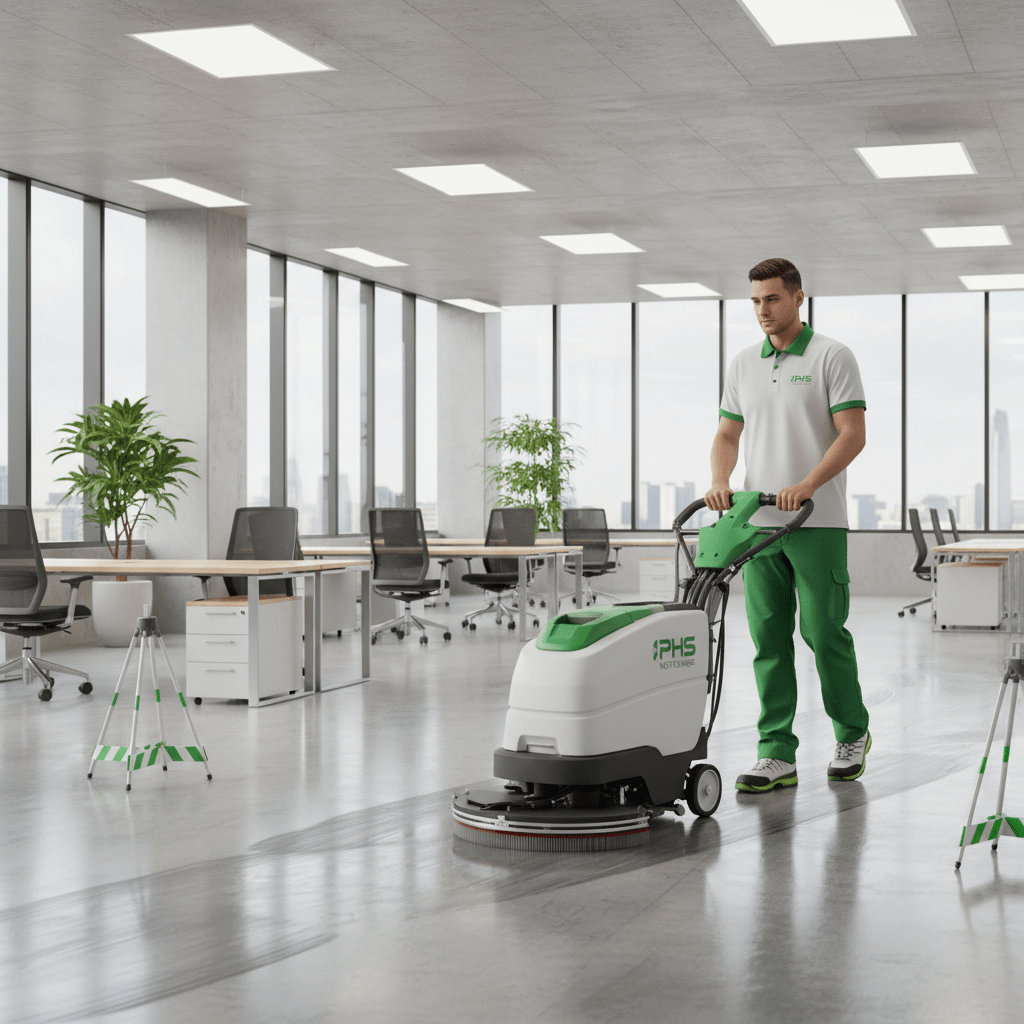 Agent phs nettoyage (vert et blanc)qui nettoie des sols a l'intérieur