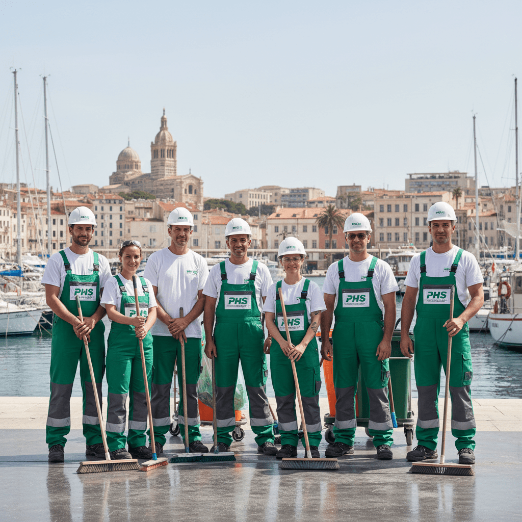 Equipe d'agent d'entretien europeen à Marseille de la société phs nettoyage (vert et blanc)