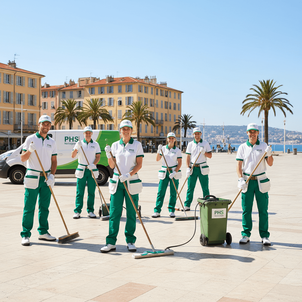 Equipe d'agent d'entretien qui pose à nice habillé en vert et blanc